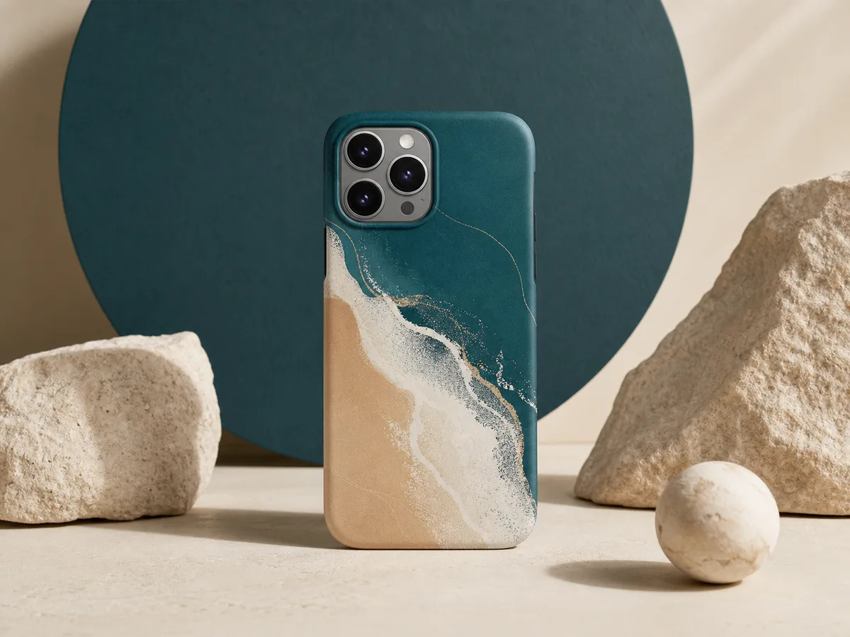 Unbranded phone case with an original teal and sand abstract image