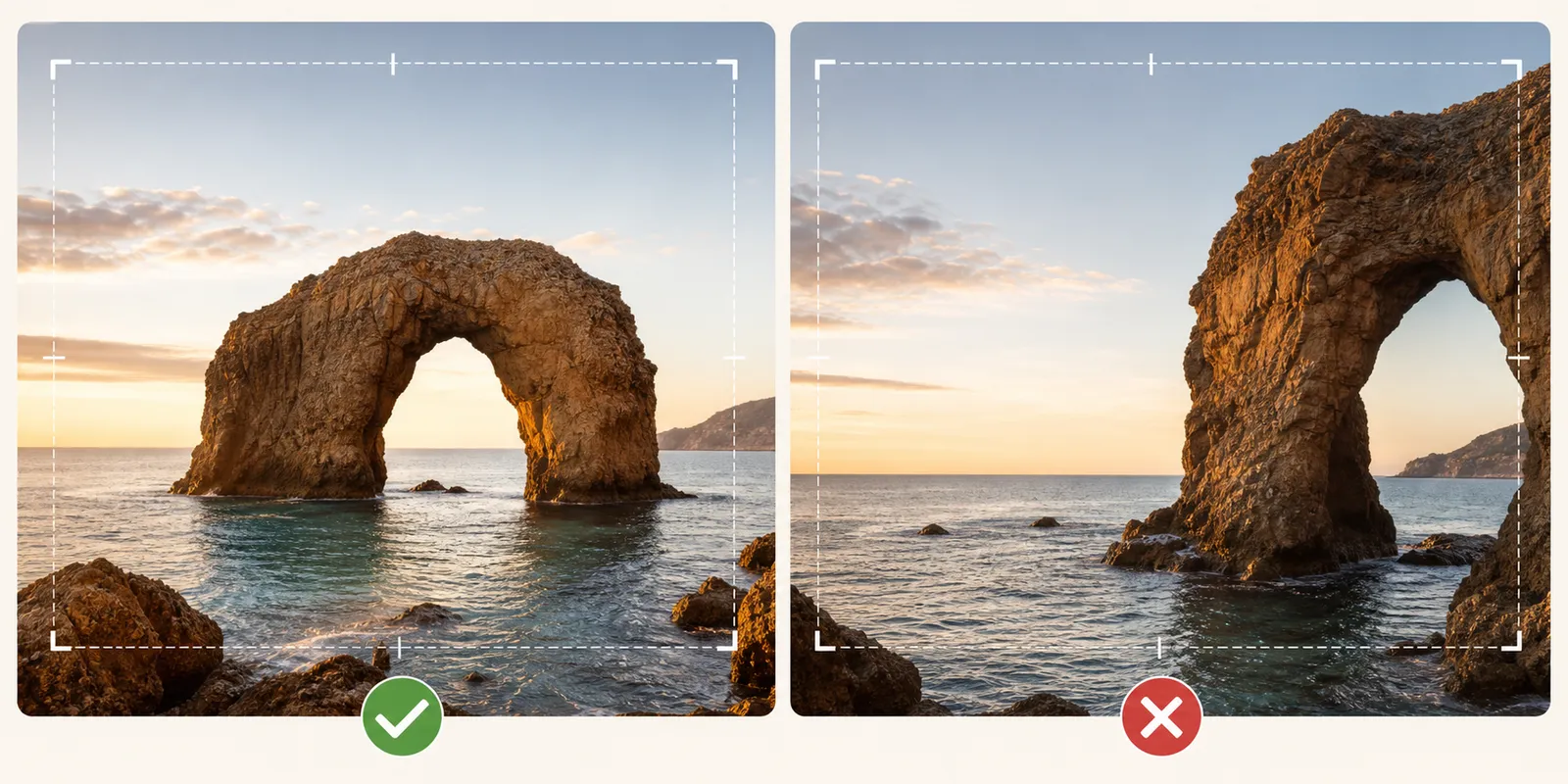 Generic crop guidance showing a centered subject and a subject cut off at the edge
