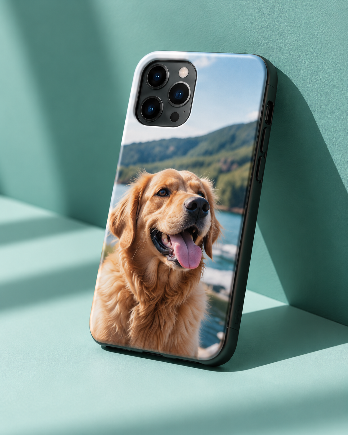 Design concept of a phone case with a golden retriever photo against a teal background