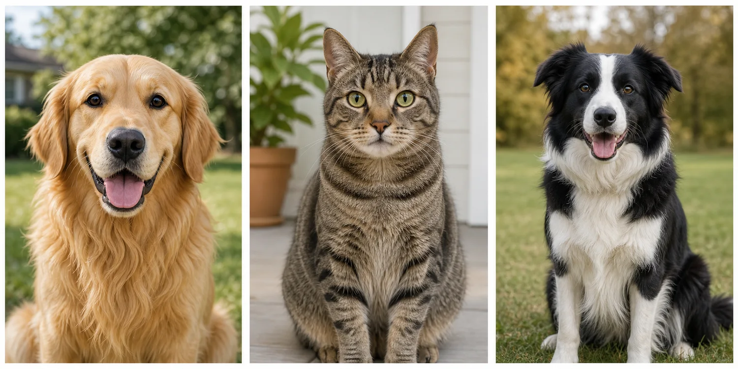 Three generic pet photo examples showing clear, well-lit portraits