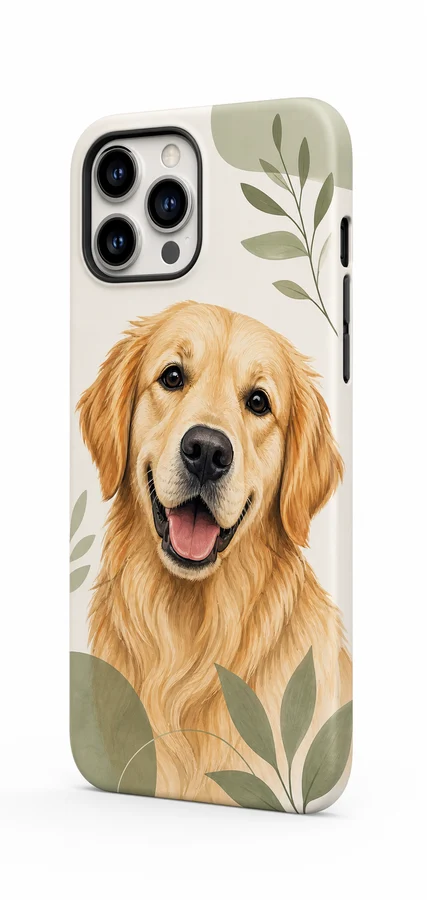 Illustrated golden retriever design on a phone case
