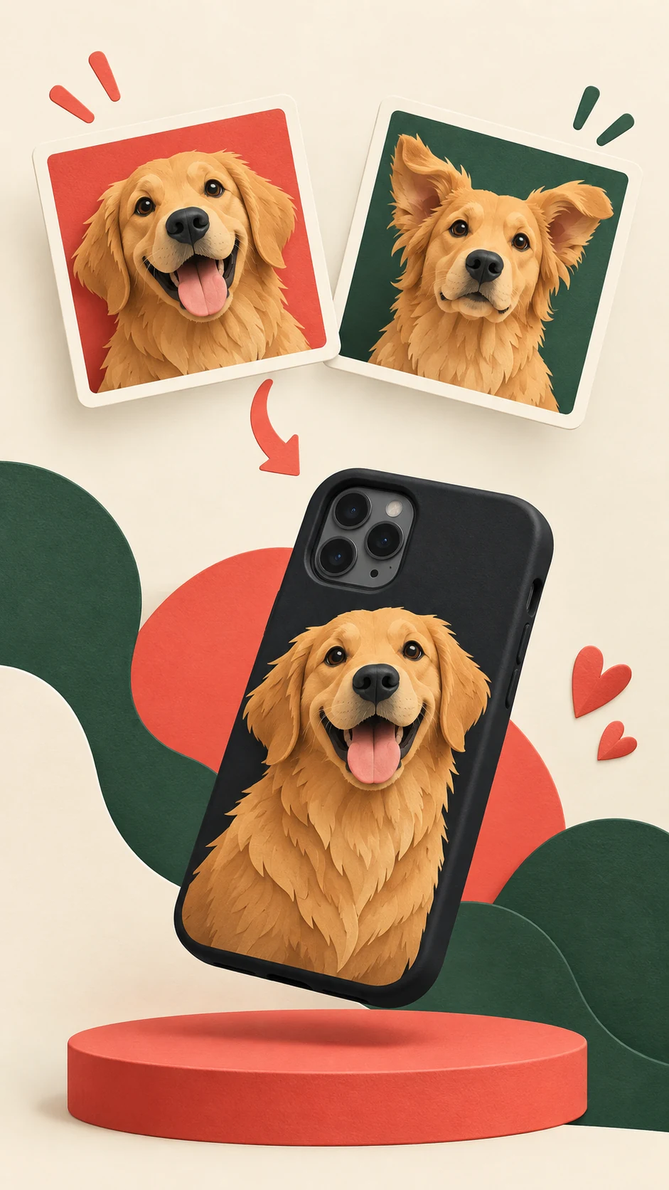 AI-generated illustrated concept of pet portraits becoming a custom phone case